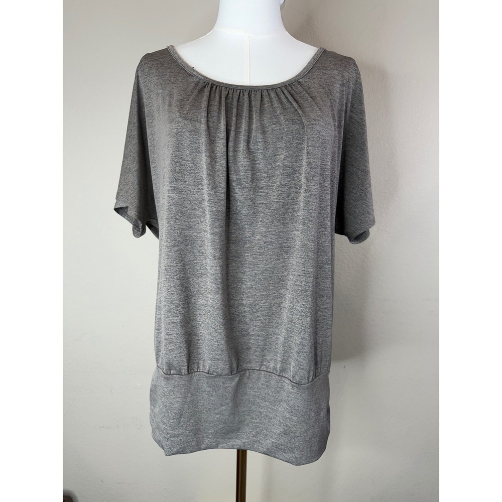 AB Studio Womens Gray Heathered Short Sleeve Pleated Scoop Neck Banded Blouse